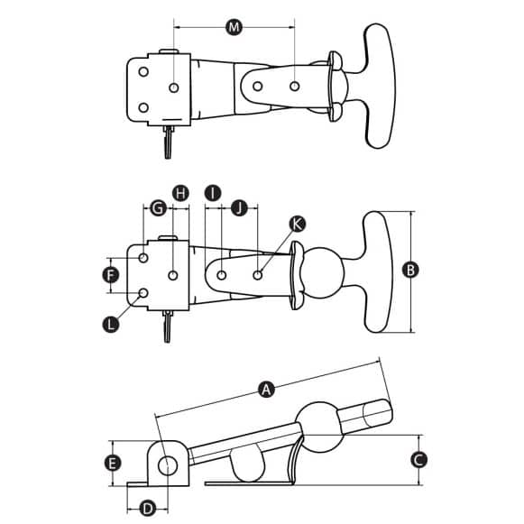 Technical drawing of rubber and stainless steel bonnet or hood latch for car