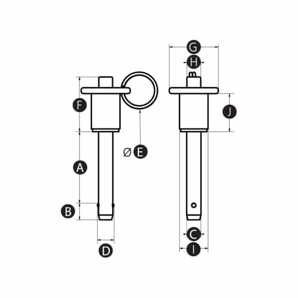 Quick Release Detent Pin with Push Knob and Pull Ring, Stainless Steel – technical drawing