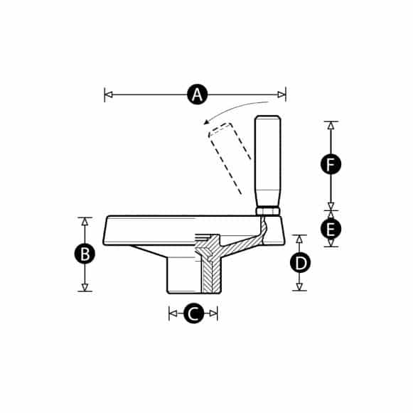 Control hand wheel with flush folding recessed rotating handle - technical drawing