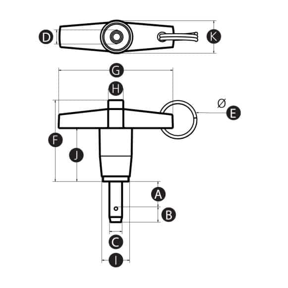 Technical drawing of detent pin with T-Handle, Push Knob & Pull Ring, Stainless Steel