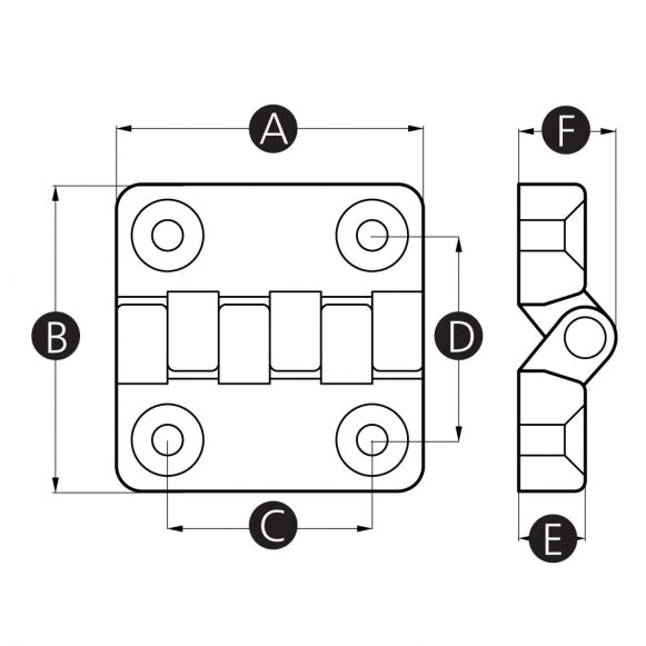 Plastic surface mount hinge with countersink holes technical drawing