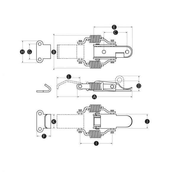 Spring loaded stainless steel toggle latch or hook clamp - technical drawing