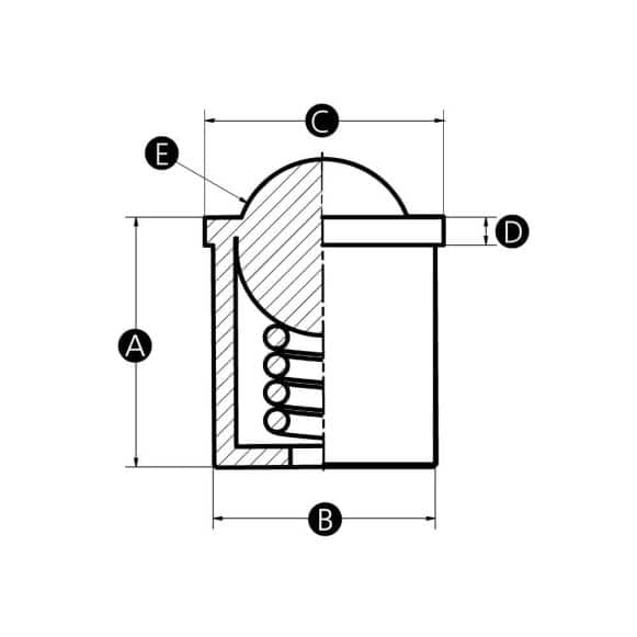 Technical drawing of a plastic and stainless steel spring plungers, push fit assembly