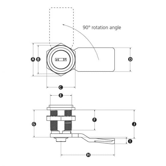 Quarter Turn Camlock Latch with Cylinder Lock & Key - technical drawing