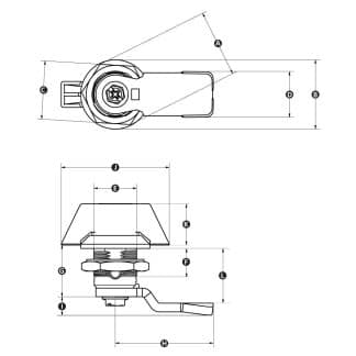 Technical drawing of Quarter-turn cam lock with wing knob, lock and key