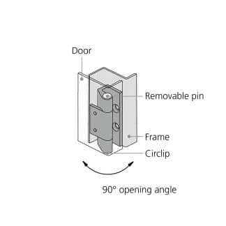 Opening angle and installation diagram of Concealed & Removable Enclosure Hinge with Pin and Circlip