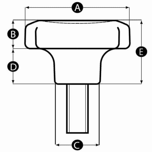 Line drawing of solid plastic lobe knobs with male threads