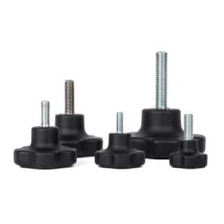 Group shot showing solid plastic lobe knobs with stainless steel and zinc plated steel male threads